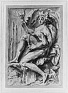 Seated Triton, Perino del Vaga (Pietro Buonaccorsi) (Italian, Florence 1501–1547 Rome), Pen and brown ink, brush and brown wash, over black chalk; outlines partly incised