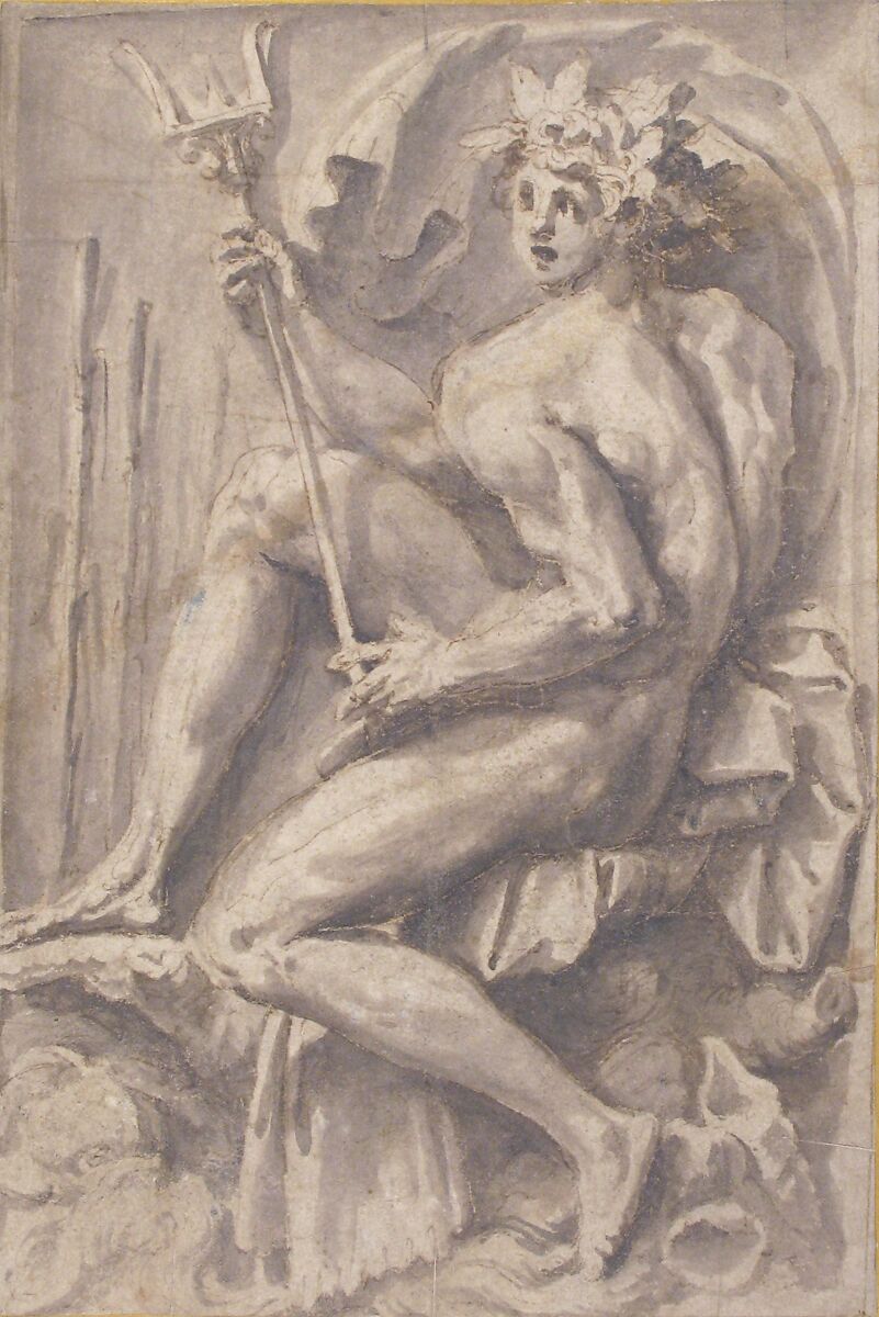 Seated Triton, Perino del Vaga (Pietro Buonaccorsi) (Italian, Florence 1501–1547 Rome), Pen and brown ink, brush and brown wash, over black chalk; outlines partly incised