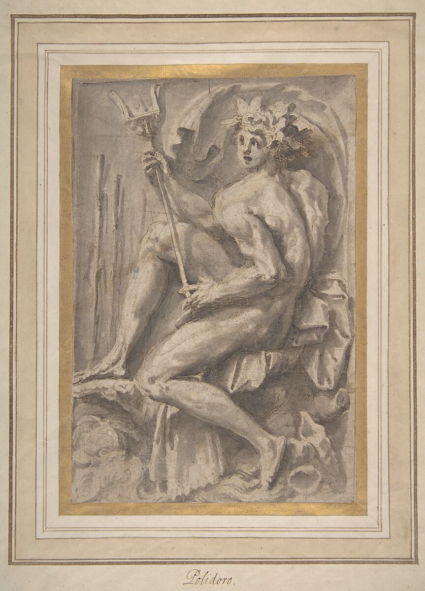 Seated Triton, Perino del Vaga (Pietro Buonaccorsi) (Italian, Florence 1501–1547 Rome), Pen and brown ink, brush and brown wash, over traces of black chalk; outlines partly incised 