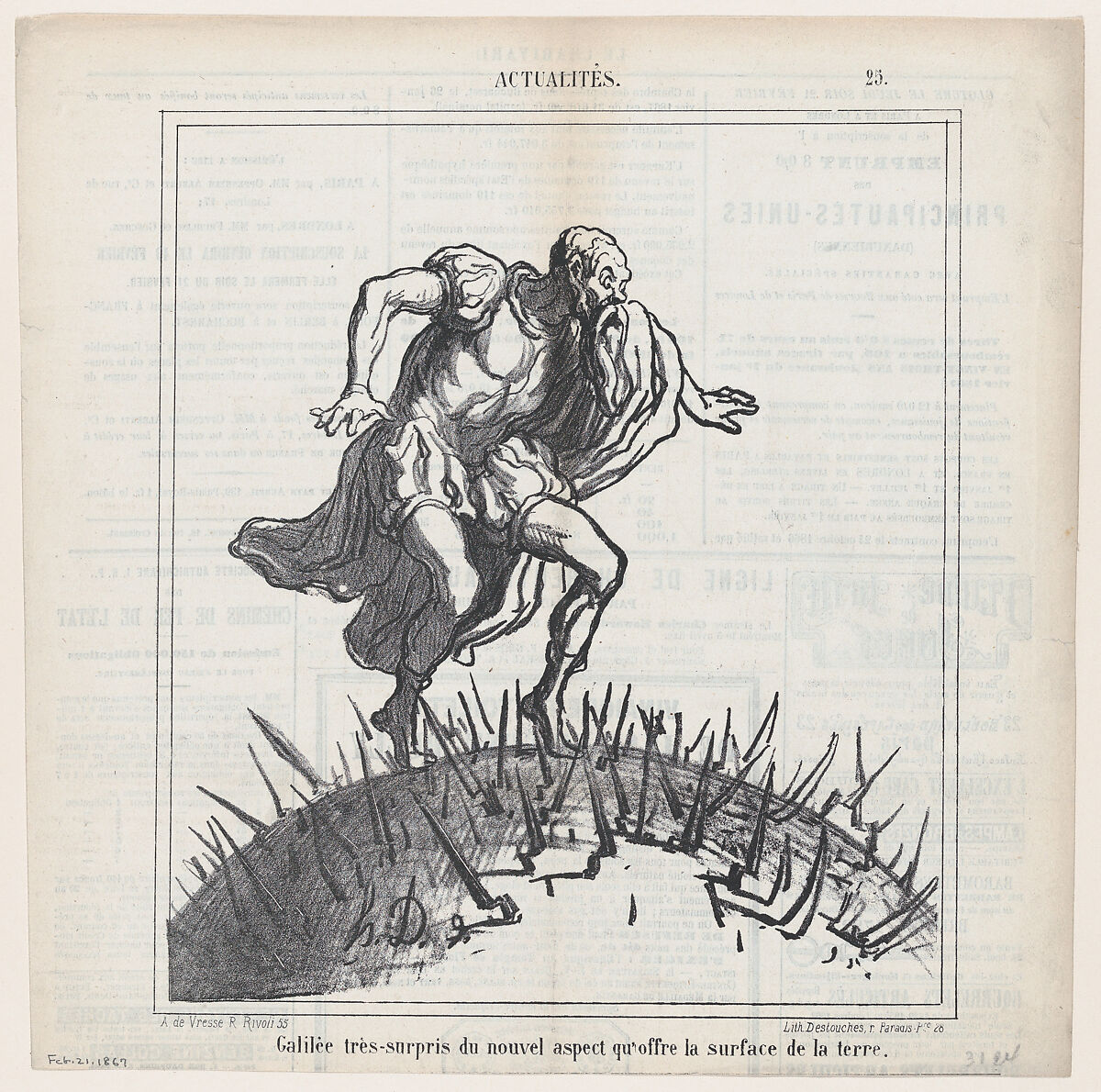 Galileo, astonished by changes in the face of the earth, from 'News of the day,' published in Le Charivari, February 21, 1867, Honoré Daumier (French, Marseilles 1808–1879 Valmondois), Lithograph on newsprint; second state of two (Delteil) 