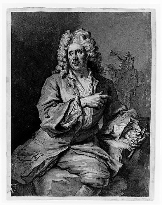 The Sculptor Antoine Coysevox, Gilles Allou (French, Paris 1670–1751 Paris), Pen and brown ink, brush and gray and brown wash, white gouache, on blue laid paper, faded to brown