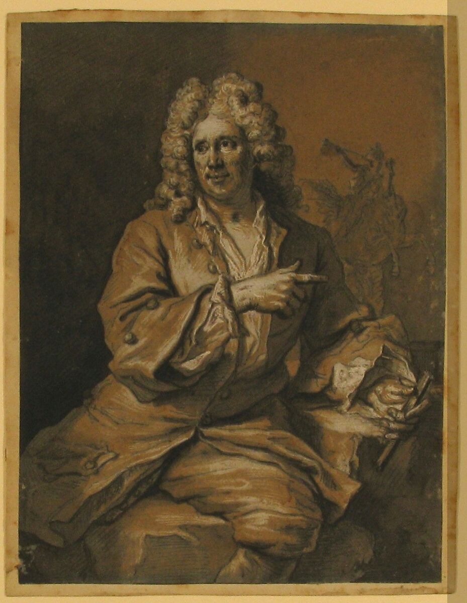 The Sculptor Antoine Coysevox, Gilles Allou (French, Paris 1670–1751 Paris), Pen and brown ink, brush and gray and brown wash, white gouache, on blue laid paper, faded to brown