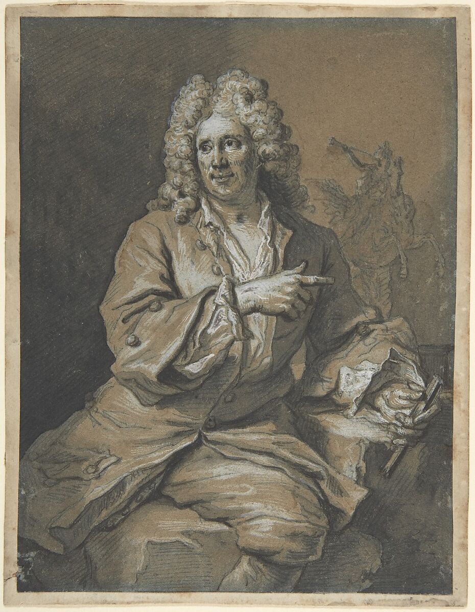 The Sculptor Antoine Coysevox, Gilles Allou (French, Paris 1670–1751 Paris), Pen and brown ink, brush and gray and brown wash, white gouache, on blue laid paper, faded to brown 