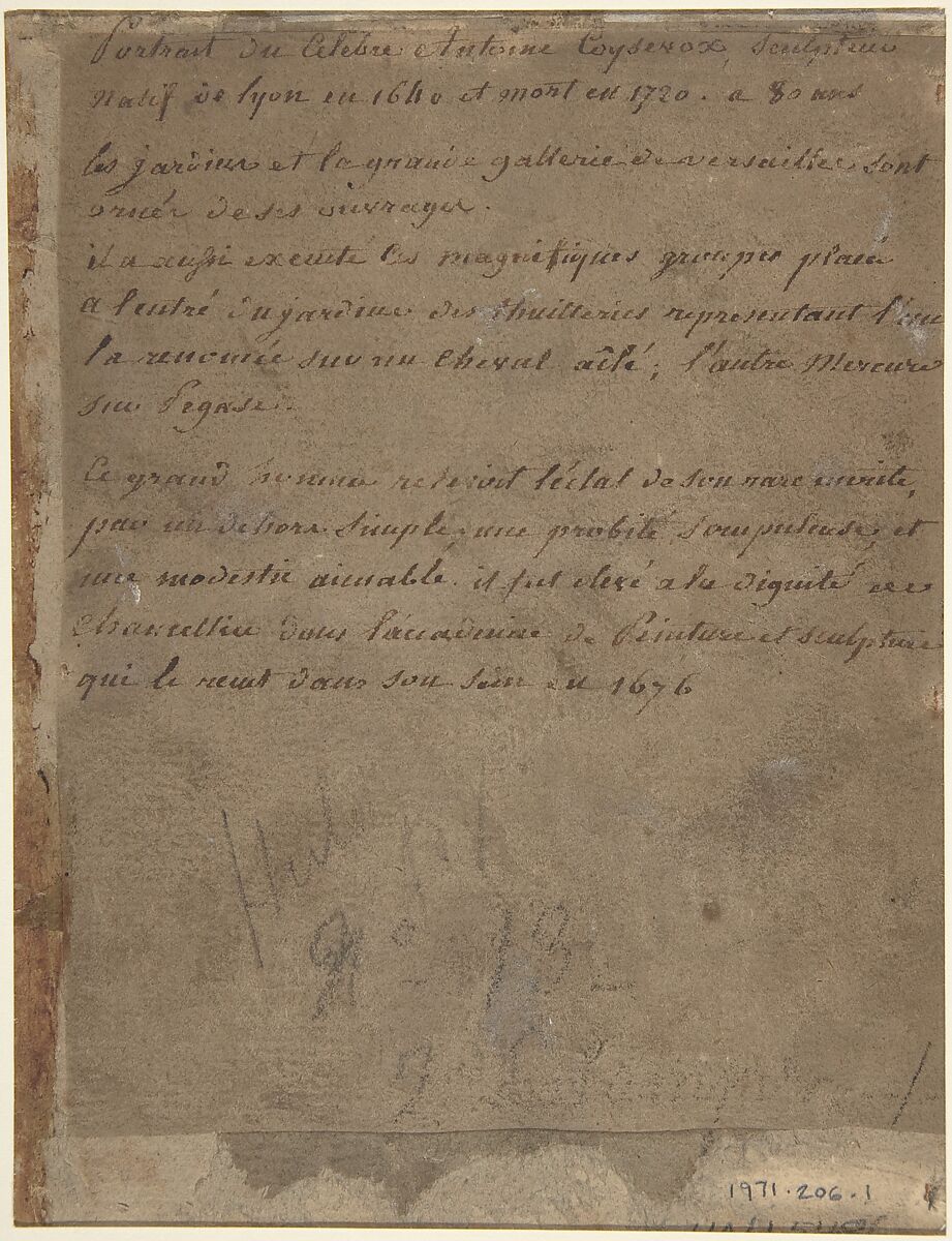 The Sculptor Antoine Coysevox, Gilles Allou (French, Paris 1670–1751 Paris), Pen and brown ink, brush and gray and brown wash, white gouache, on blue laid paper, faded to brown