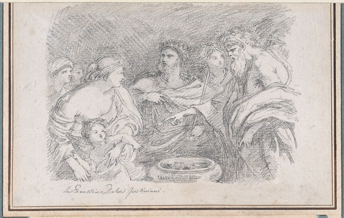 The Infant Moses before Pharaoh, after Giovanni Battista Ruggieri, Jean Robert Ango (French, active Rome, 1759–70, died after 1773), Black chalk; framing lines in pen and brown ink 