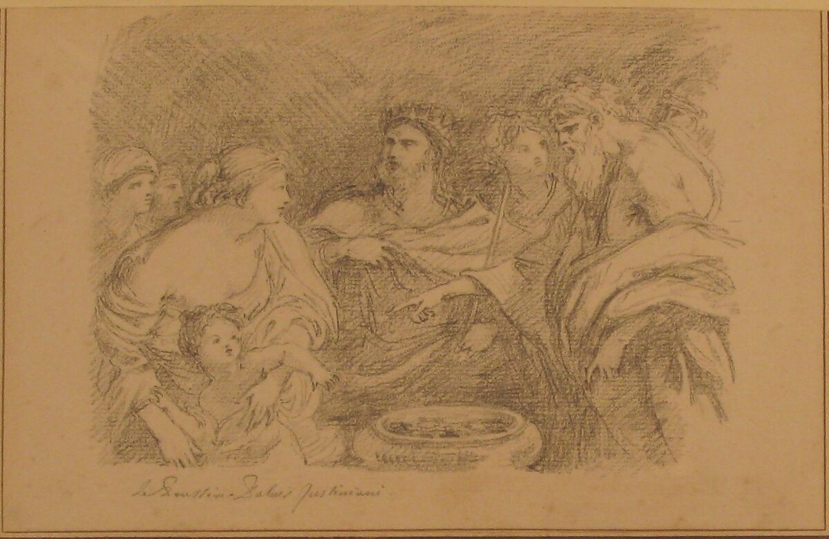 The Infant Moses before Pharaoh, after Giovanni Battista Ruggieri, Jean Robert Ango (French, active Rome, 1759–70, died after 1773), Black chalk; framing lines in pen and brown ink