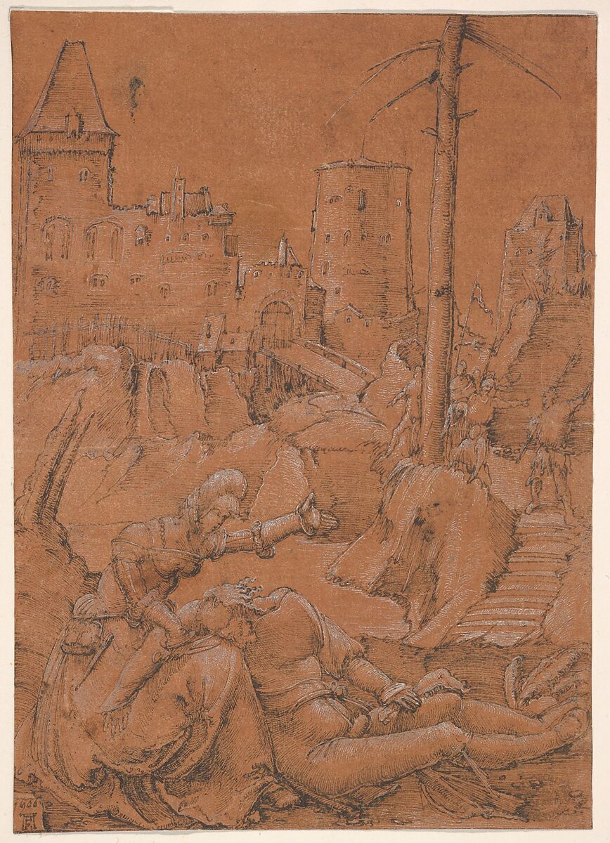 Samson and Delilah, Albrecht Altdorfer (German, Regensburg ca. 1480–1538 Regensburg), Pen and black ink with white heightening on brown prepared paper 