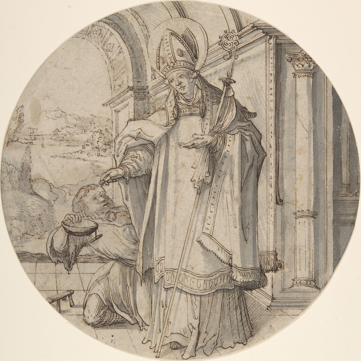 Saintly Prelate Distributing Alms, Attributed to Christoph Amberger (German, ca. 1505–1561/62 Augsburg), Pen and brown ink and gray wash 