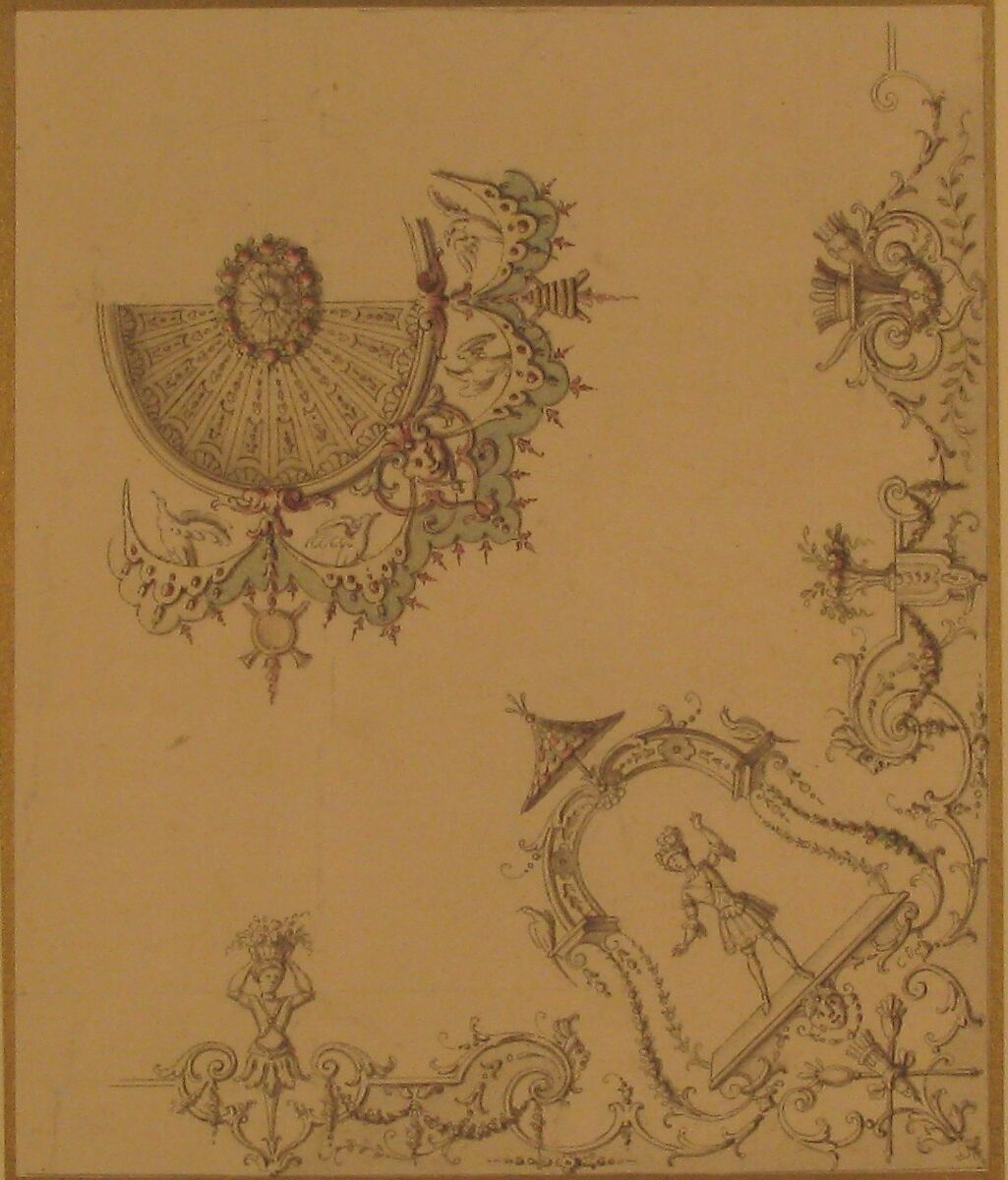 Design for the Decoration of a Ceiling, Claude Audran III (French, Lyons 1658–1734 Paris), Pen and gray ink, brush and gray, rose, peach, and green wash