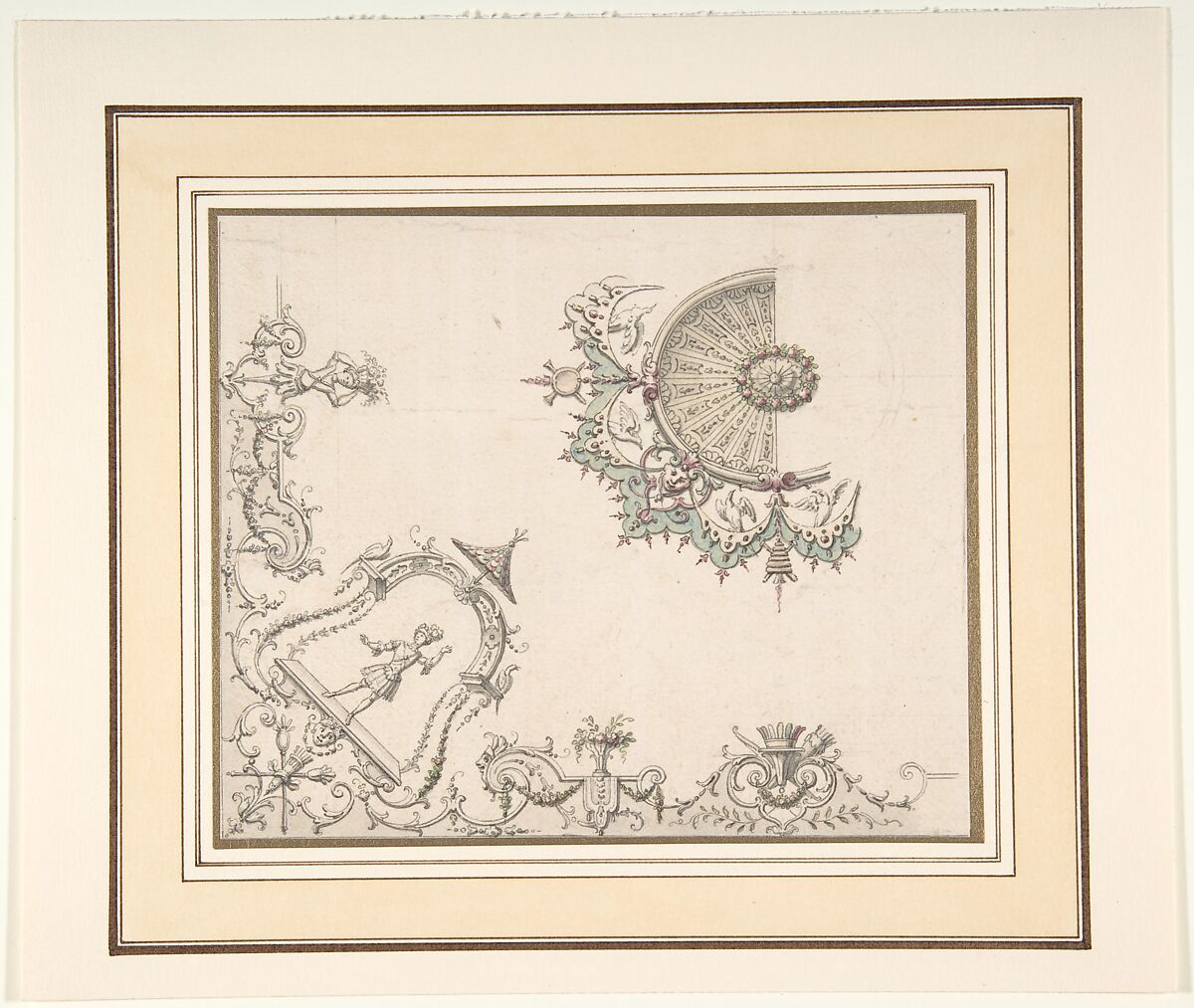 Design for the Decoration of a Ceiling, Claude Audran III (French, Lyons 1658–1734 Paris), Pen and gray ink, brush and gray, rose, peach, and green wash 