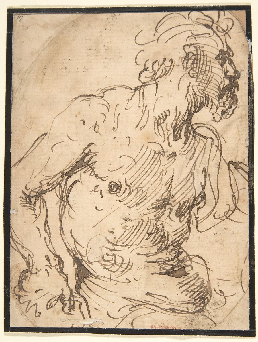 Study of a Seated Nude, Bearded Man in Half-Length, Attributed to Francisco de Herrera, the Elder (Spanish, Seville ca. 1590–1654 Madrid), Pen and brown ink on light tan laid paper 