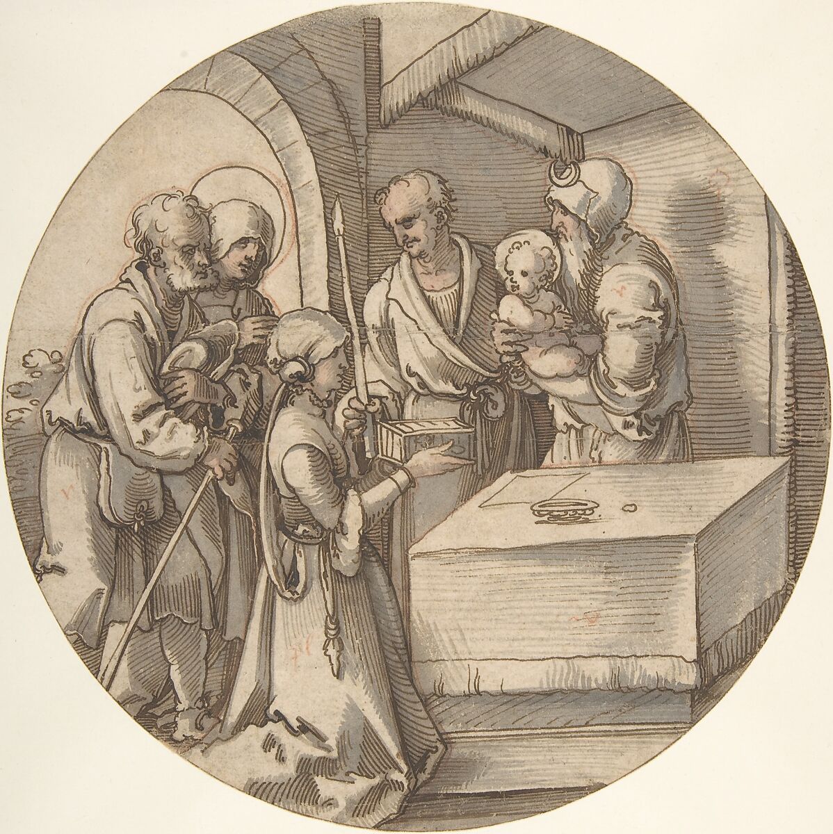 The Presentation of the Infant Jesus in the Temple, Sebald Beham (German, Nuremberg 1500–1550 Frankfurt), Pen and brown ink, gray and some pink wash, red chalk 