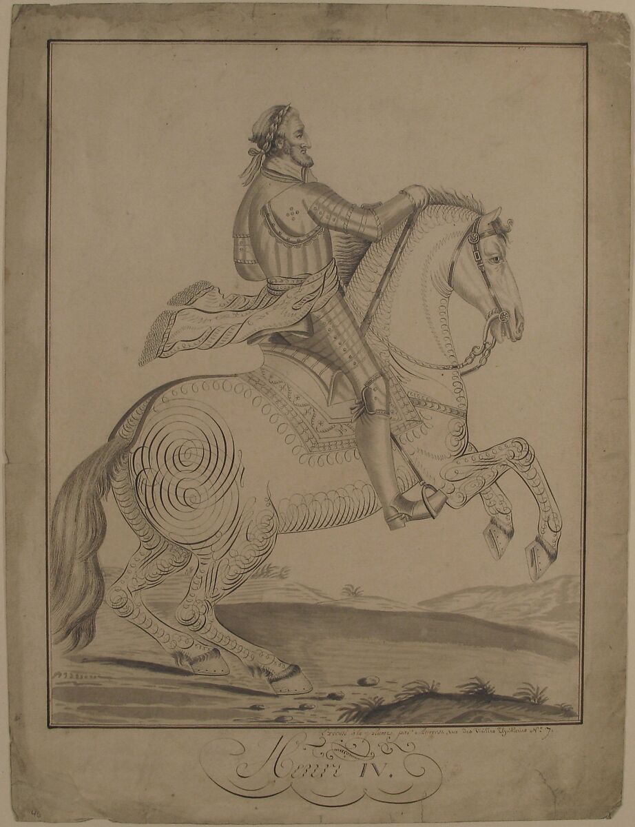 Equestrian Portrait of Henry IV, Auvrest (French, active late 18th–early 19th century), Pen and black ink, brush and gray wash; framing lines in pen and brown ink