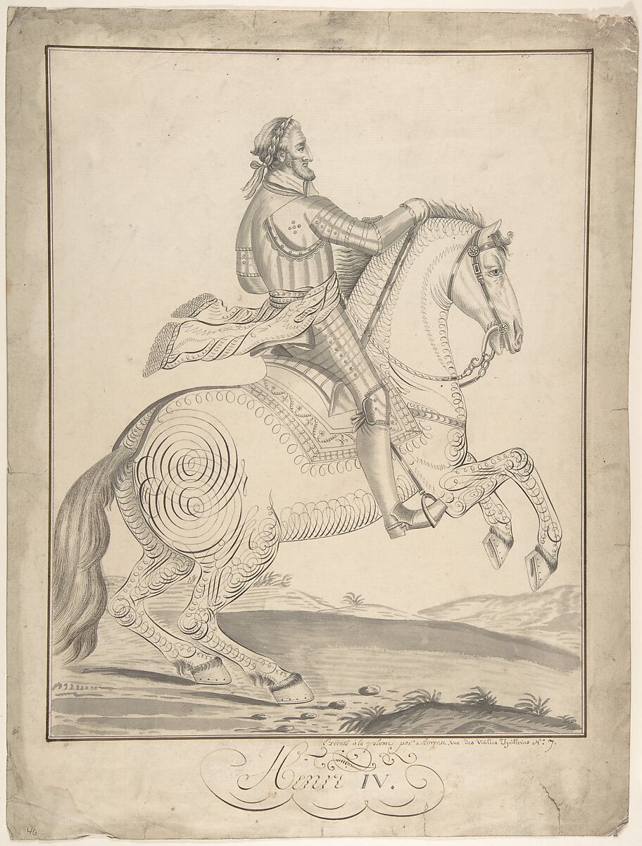Equestrian Portrait of Henry IV, Auvrest (French, active late 18th–early 19th century), Pen and black ink, brush and gray wash; framing lines in pen and brown ink 