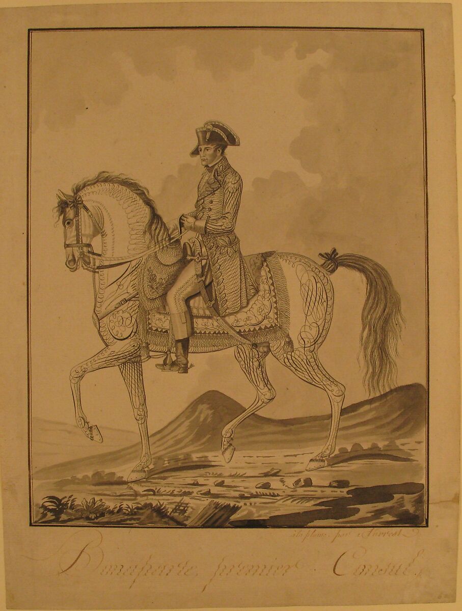 Equestrian Portrait of Napoleon as First Consul, Auvrest (French, active late 18th–early 19th century), Pen and black ink and gray washes, with brown ink framing lines.