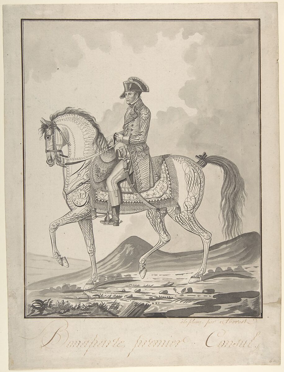 Equestrian Portrait of Napoleon as First Consul, Auvrest (French, active late 18th–early 19th century), Pen and black ink and gray washes, with brown ink framing lines. 