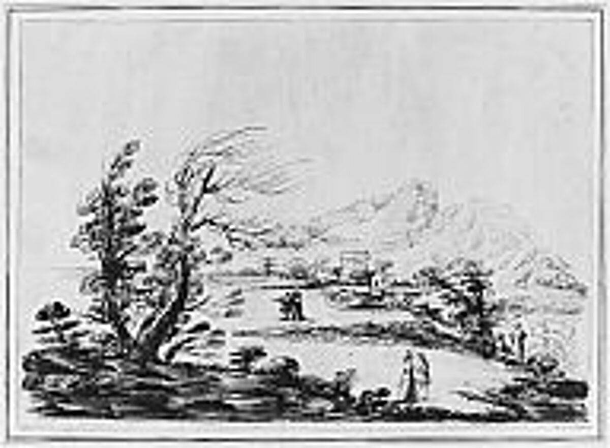 Landscape with Six Figures, 18th Century Imitator of Guercino (Giovanni Francesco Barbieri) (Italian, Cento 1591–1666 Bologna), Pen and brown ink and brush and dark brown ink