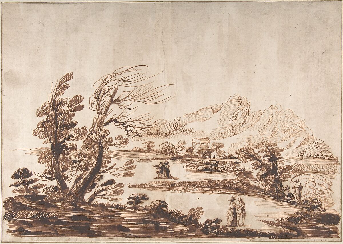 Landscape with Six Figures, 18th Century Imitator of Guercino (Giovanni Francesco Barbieri) (Italian, Cento 1591–1666 Bologna), Pen and brown ink and brush and dark brown ink 