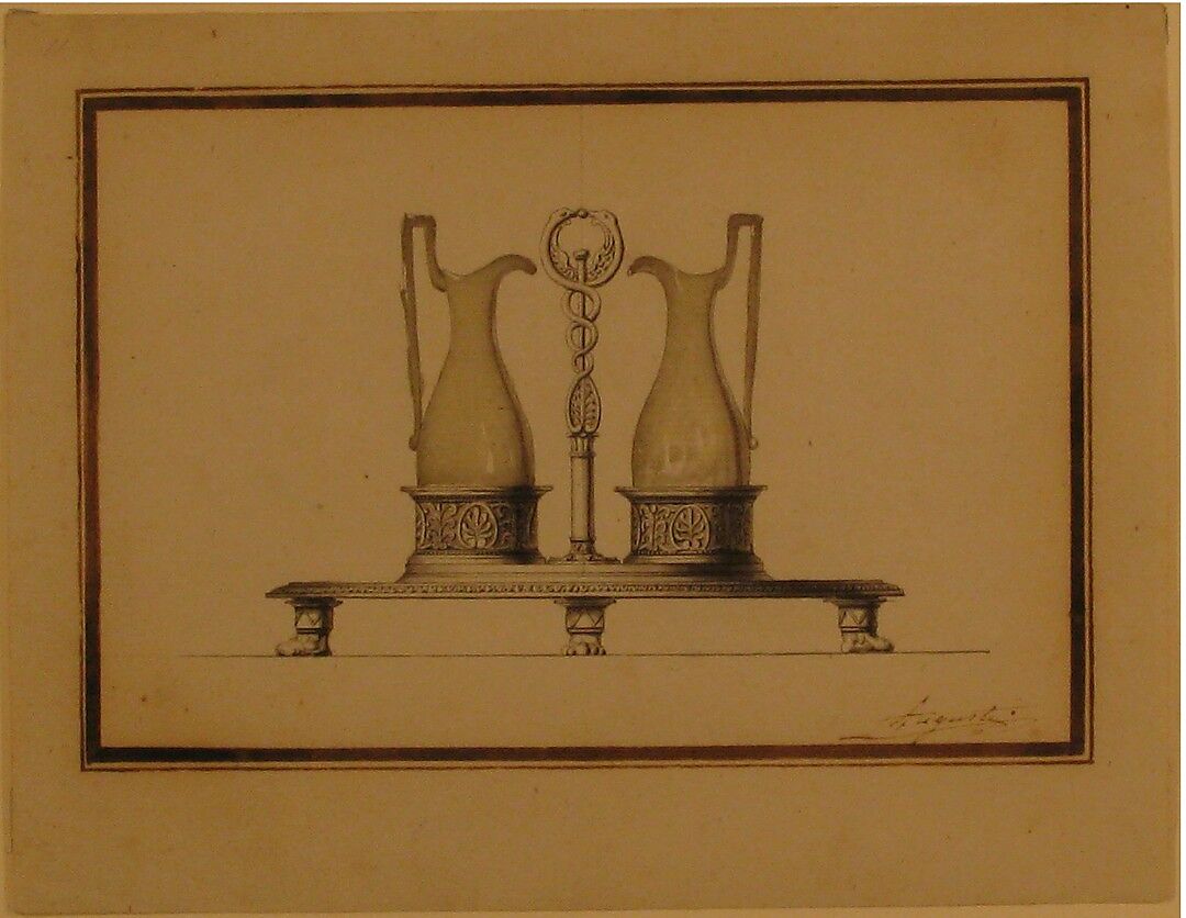 Design for a Cruet Frame, Henri Auguste (French, Paris 1759–1816 Port-au-Prince), Pen and brown ink, brush and gray and gray-green wash, traces of graphite underdrawing, with framing lines in pen and brown ink