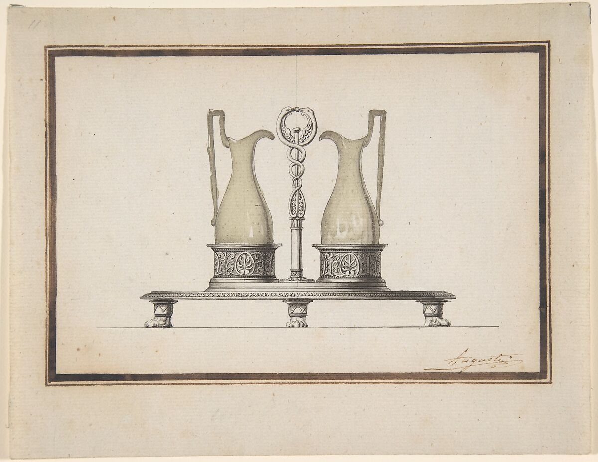 Design for a Cruet Frame, Henri Auguste  French, Pen and brown ink, brush and gray and gray-green wash, traces of graphite underdrawing, with framing lines in pen and brown ink