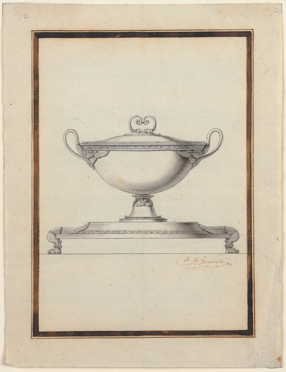 Design for a Covered Tureen on a Footed Stand, Henri Auguste (French, Paris 1759–1816 Port-au-Prince), Pen and brown ink, brush and gray-brown wash; double framing lines in pen and brown ink