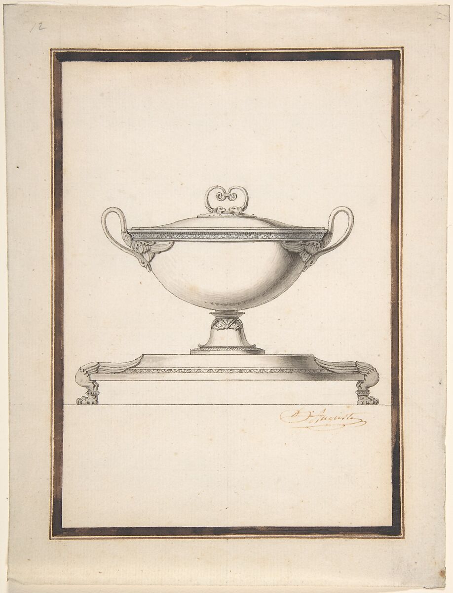 Design for a Covered Tureen on a Footed Stand, Henri Auguste (French, Paris 1759–1816 Port-au-Prince), Pen and brown ink, brush and gray-brown wash; double framing lines in pen and brown ink 