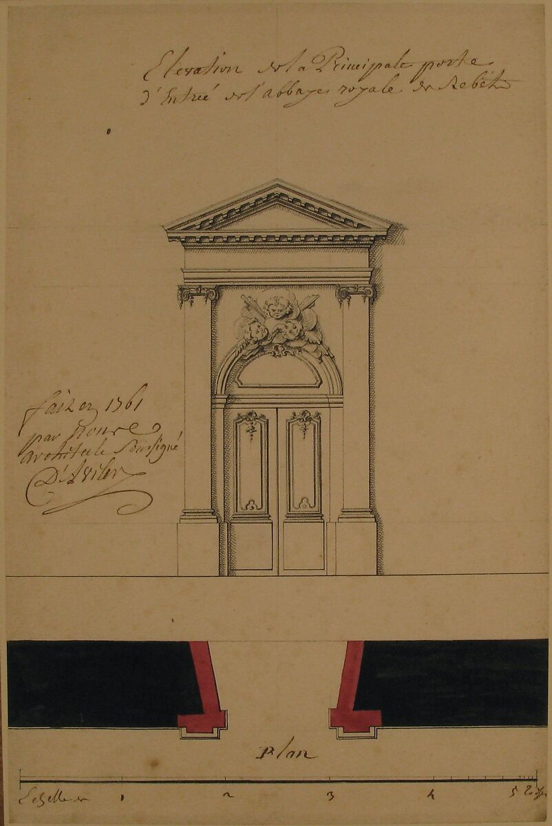 Design for an Elevation of a Gateway, Abbey at Rebais (Seine et Marne), Claude Louis D'Aviler (French, died Paris, 1764), Pen and black ink, with black and rose wash over graphite underdrawing
