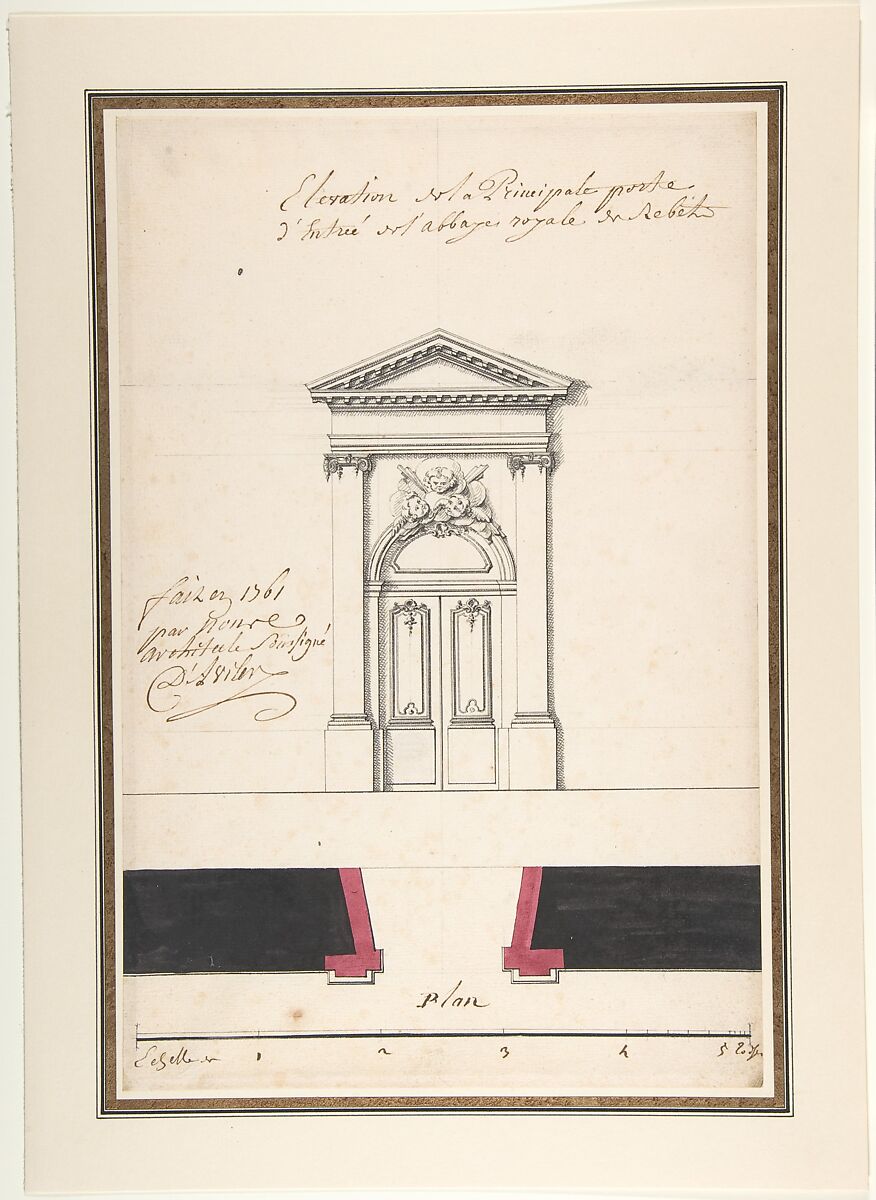 Design for an Elevation of a Gateway, Abbey at Rebais (Seine et Marne), Claude Louis D&#39;Aviler (French, died Paris, 1764), Pen and black ink, with black and rose wash over graphite underdrawing 