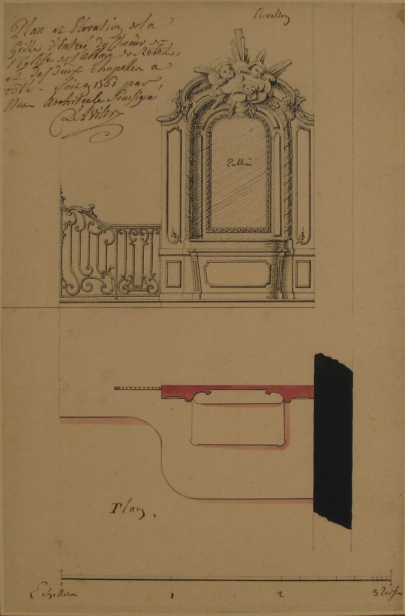 Design for an Altar and Choir Grill, Abbey at Rebais, Claude Louis D'Aviler (French, died Paris, 1764), Pen and black ink, with brush and black and rose wash over graphite underdrawing