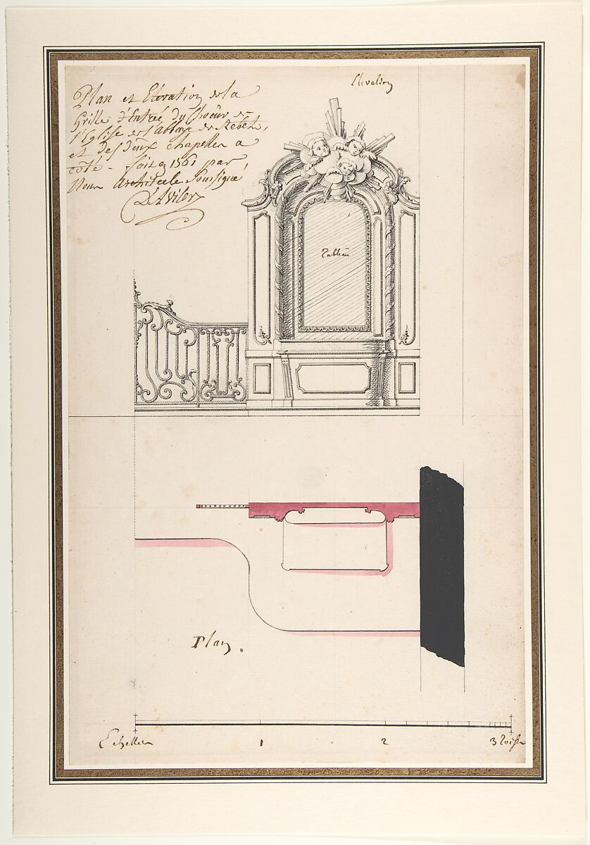 Design for an Altar and Choir Grill, Abbey at Rebais, Claude Louis D&#39;Aviler (French, died Paris, 1764), Pen and black ink, with brush and black and rose wash over graphite underdrawing 