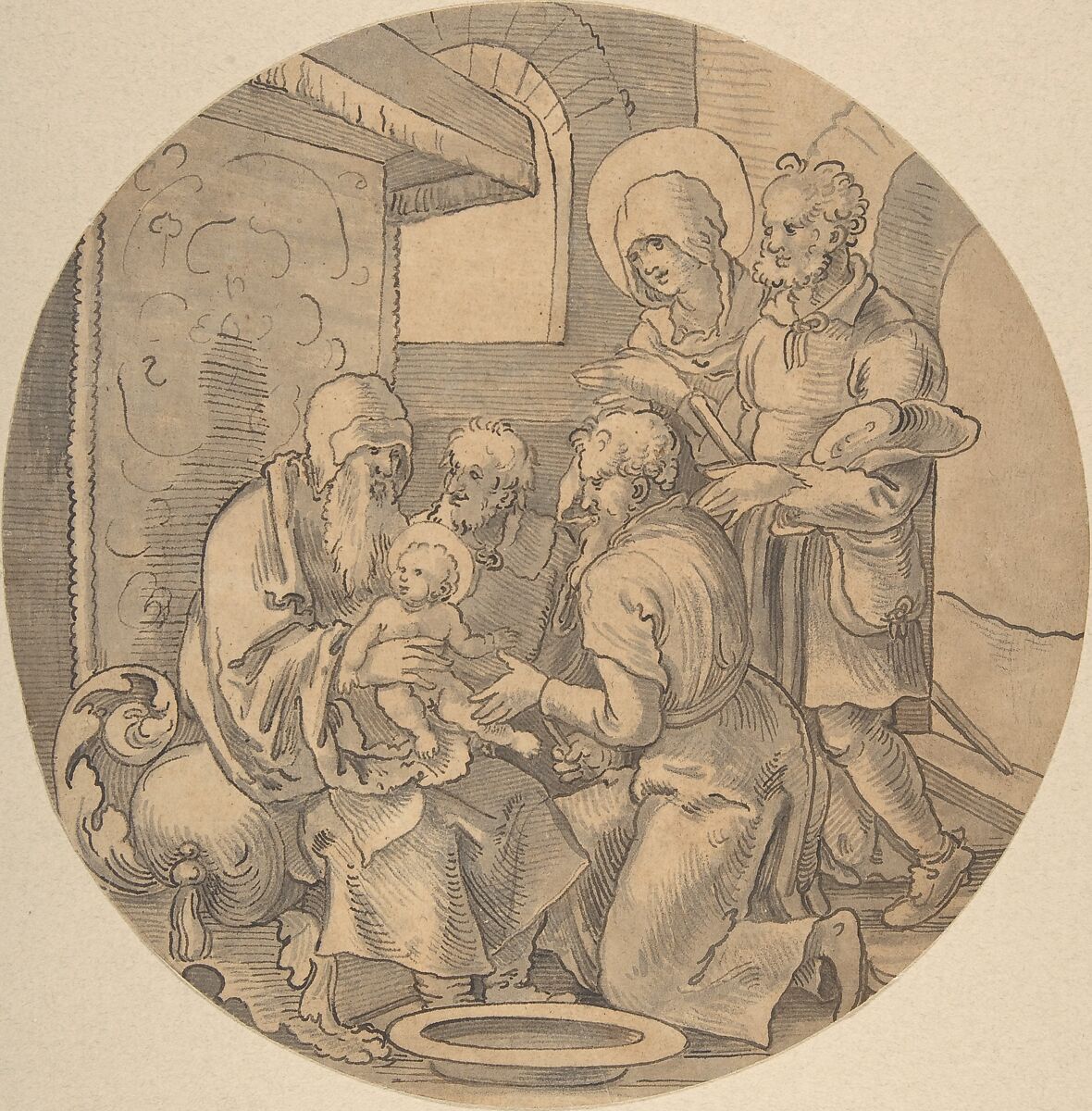 The Circumcision of Christ, Sebald Beham (German, Nuremberg 1500–1550 Frankfurt), Pen and brown ink, brush and gray wash, over black chalk 