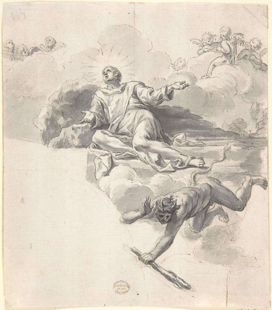 A Saint Triumphant Over the Devil, Anonymous, German, 18th century (?), Paint and bistre, washed with India ink 