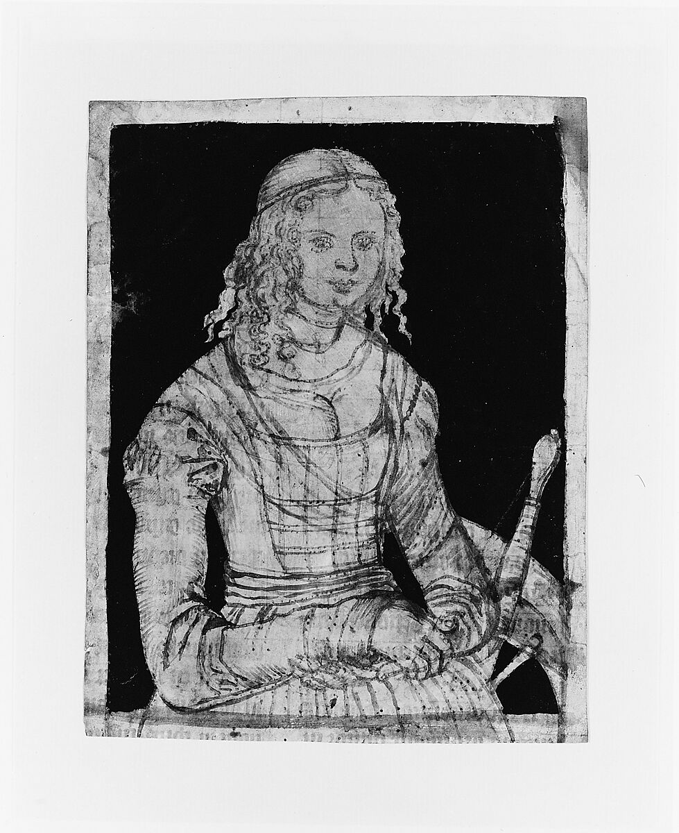 Saint Catherine, Lucas Cranach the Elder (German, Kronach 1472–1553 Weimar), Silverpoint, brush and brown ink, and indigo wash on vellum, pricked for transfer along brush lines