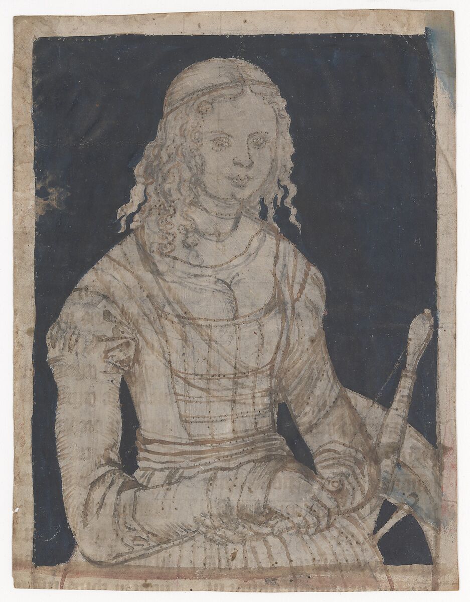 Saint Catherine, Lucas Cranach the Elder (German, Kronach 1472–1553 Weimar), Silverpoint, brush and brown ink, and indigo wash on vellum, pricked for transfer along brush lines 