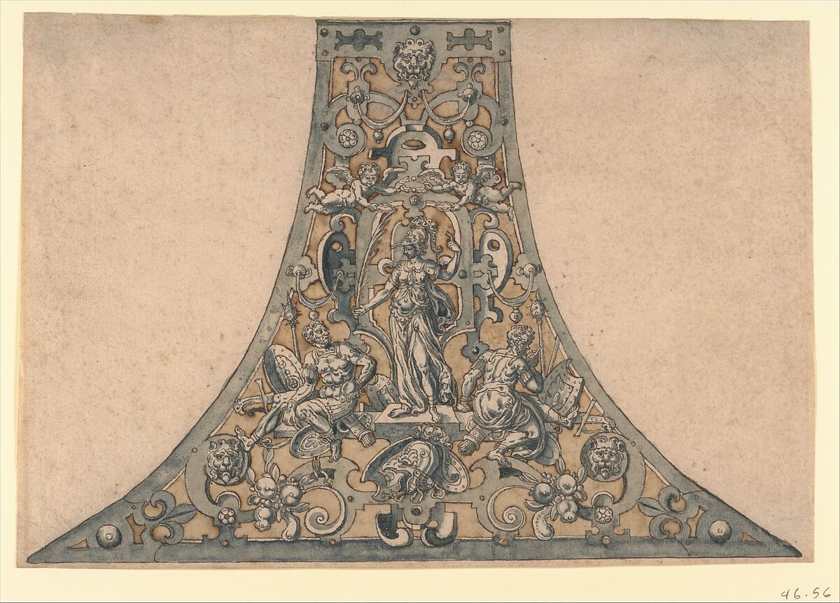 Design for a Powder Flask, Anonymous, German, 16th century ?, Pen and brown ink, blue-green and pale brown wash 