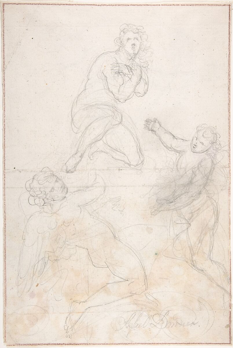 Kneeling Female Nude and Two Studies of Angels, Georg Raphael Donner (Austrian, Vienna 1693–1741 Vienna), Recto: pencil; margins ruled in red chalk at all four edges of paper
Verso: black and brown chalk and pencil 