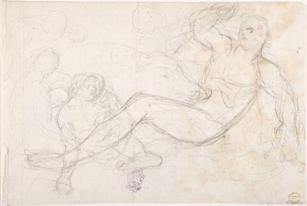 Kneeling Female Nude and Two Studies of Angels, Georg Raphael Donner (Austrian, Vienna 1693–1741 Vienna), Recto: pencil; margins ruled in red chalk at all four edges of paper
Verso: black and brown chalk and pencil