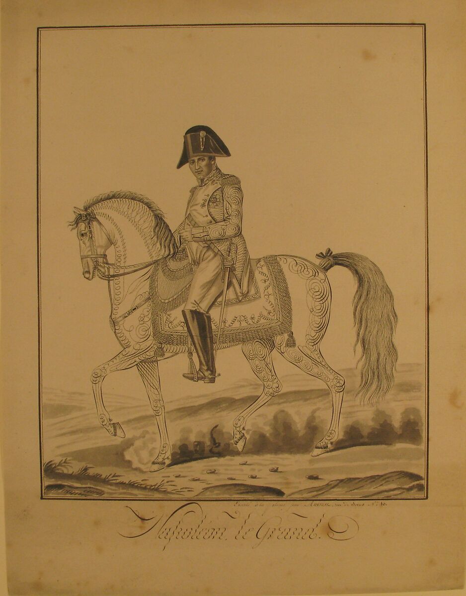 Equestrian Portrait of Napoleon, Auvrest (French, active late 18th–early 19th century), Pen and black ink, brush and gray wash; framing lines in pen and brown ink