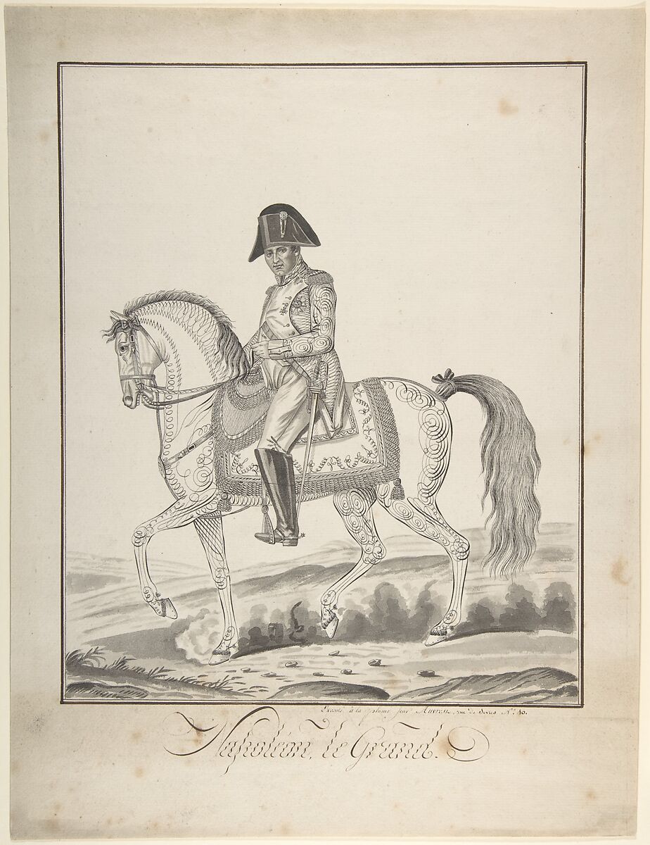 Equestrian Portrait of Napoleon, Auvrest  French, Pen and black ink and gray wash, framing lines in brown ink.
