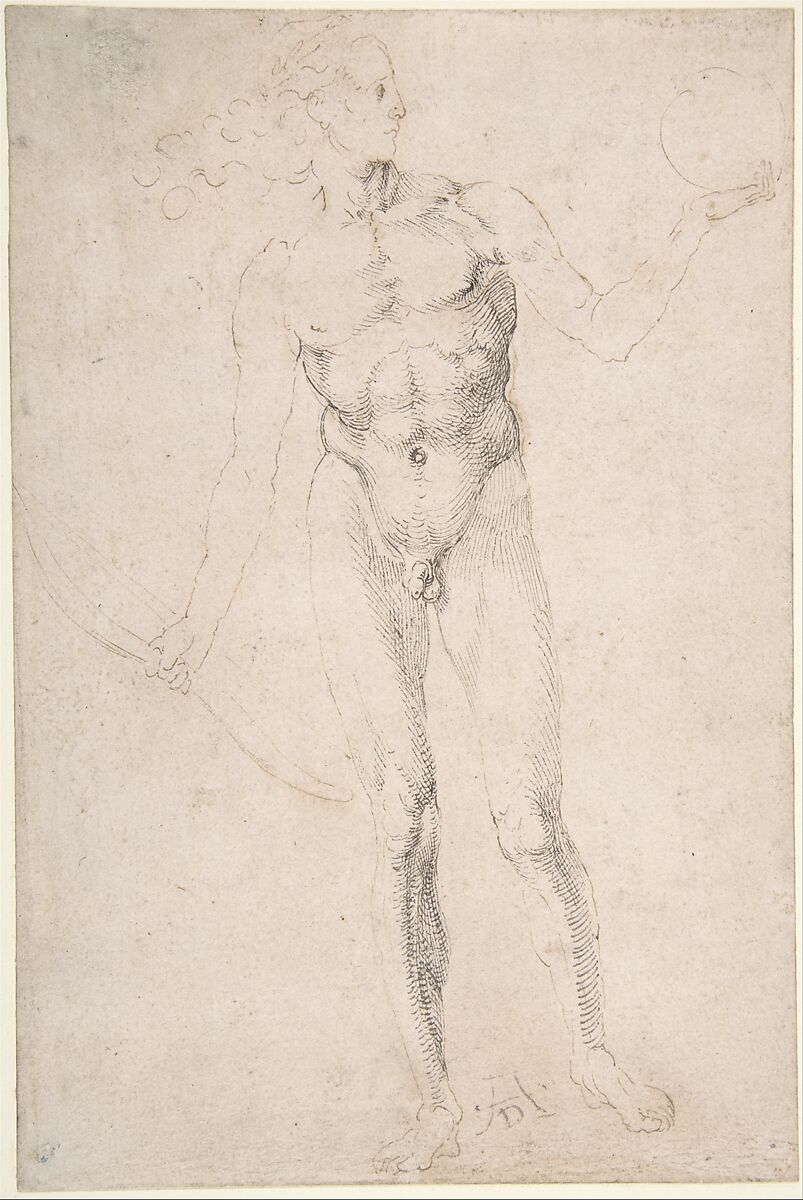 Standing Male Nude Holding a Bow ("Poynter Apollo"), Albrecht Dürer (German, Nuremberg 1471–1528 Nuremberg), Pen and brown and black ink 