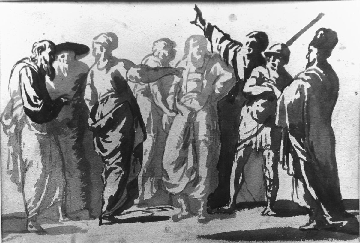 Group of Men, Master of the Large Figure Brush Drawings, Brush and brown wash over traces of black chalk