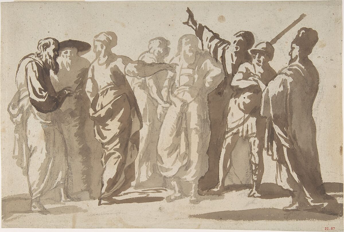 Group of Men, Master of the Large Figure Brush Drawings, Brush and brown wash over traces of black chalk 