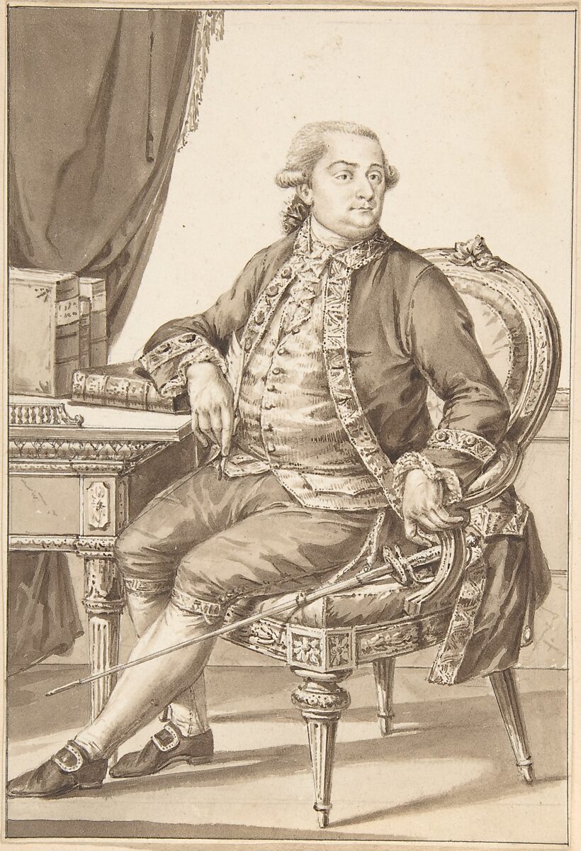 Portrait of Cesare Bonesana, Marchese di Beccaria, Jean-Baptiste-François Bosio  French, Brush and brown wash over graphite underdrawing.