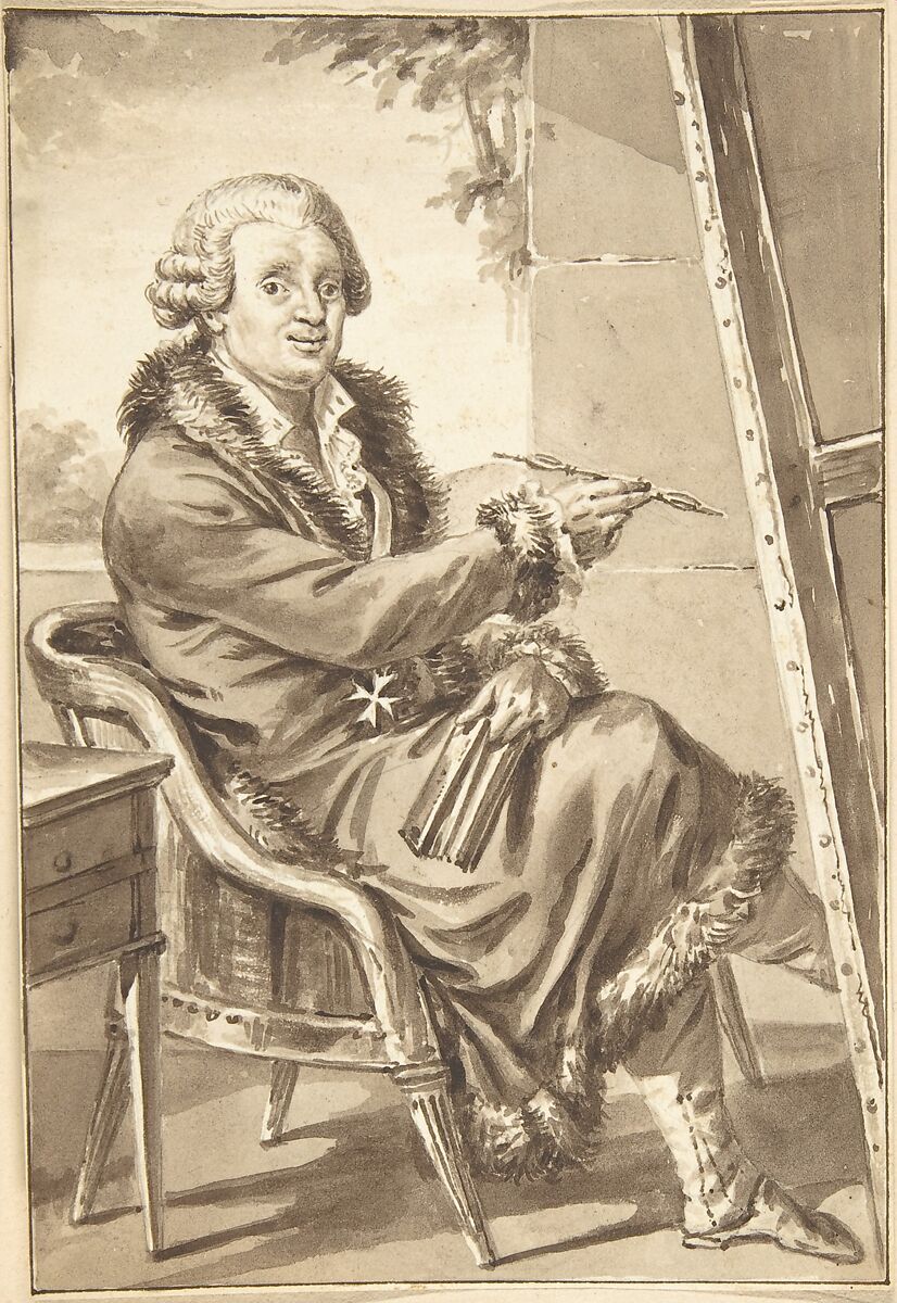 Portrait of Cavaliere Pompeo Batoni, Jean-Baptiste-François Bosio (French, Monaco 1764–1827 Paris), Brush and brown wash with a graphite underdrawing. 