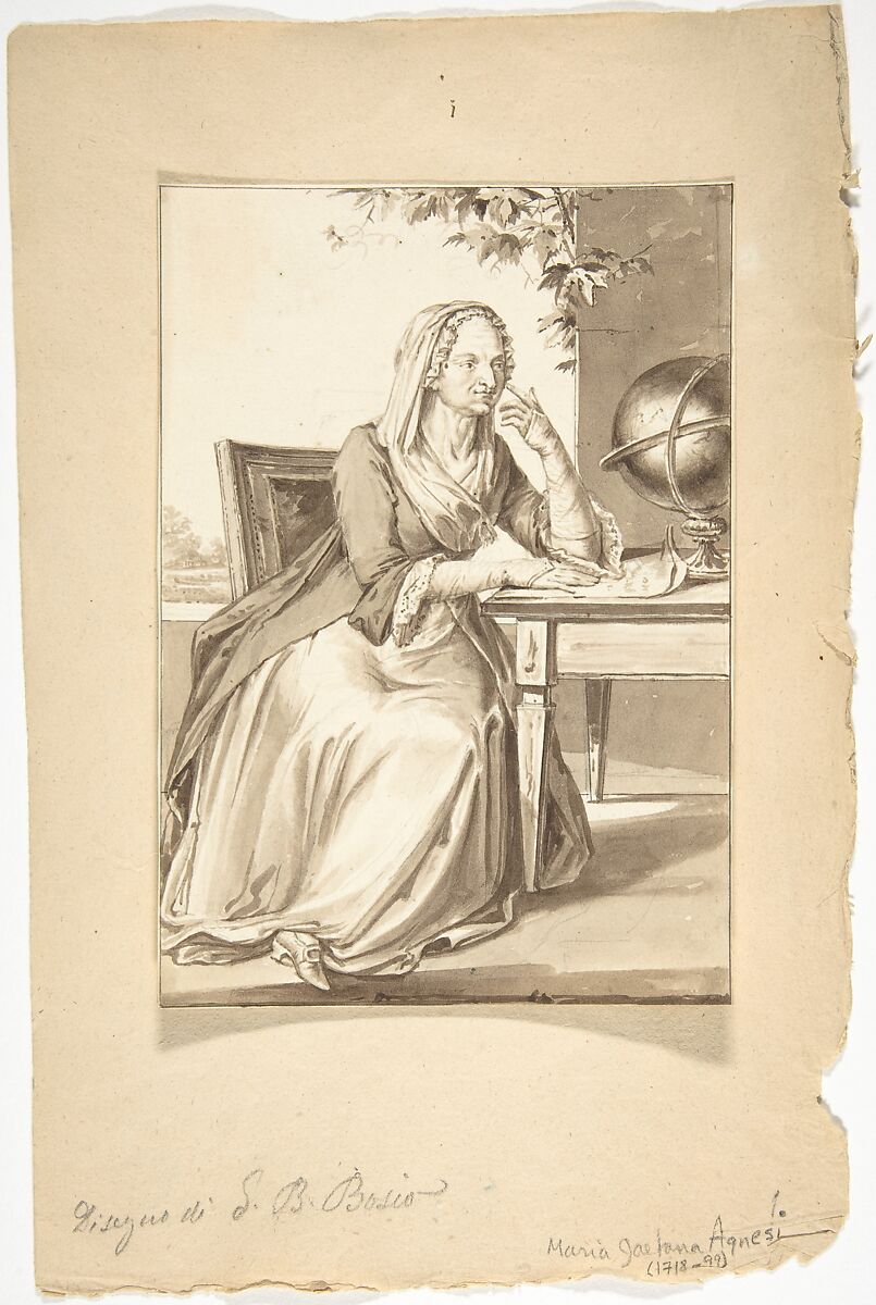 Portrait of Maria Gaet - Agnesi, Jean-Baptiste-François Bosio  French, Brush and brown wash over graphite underdrawing.