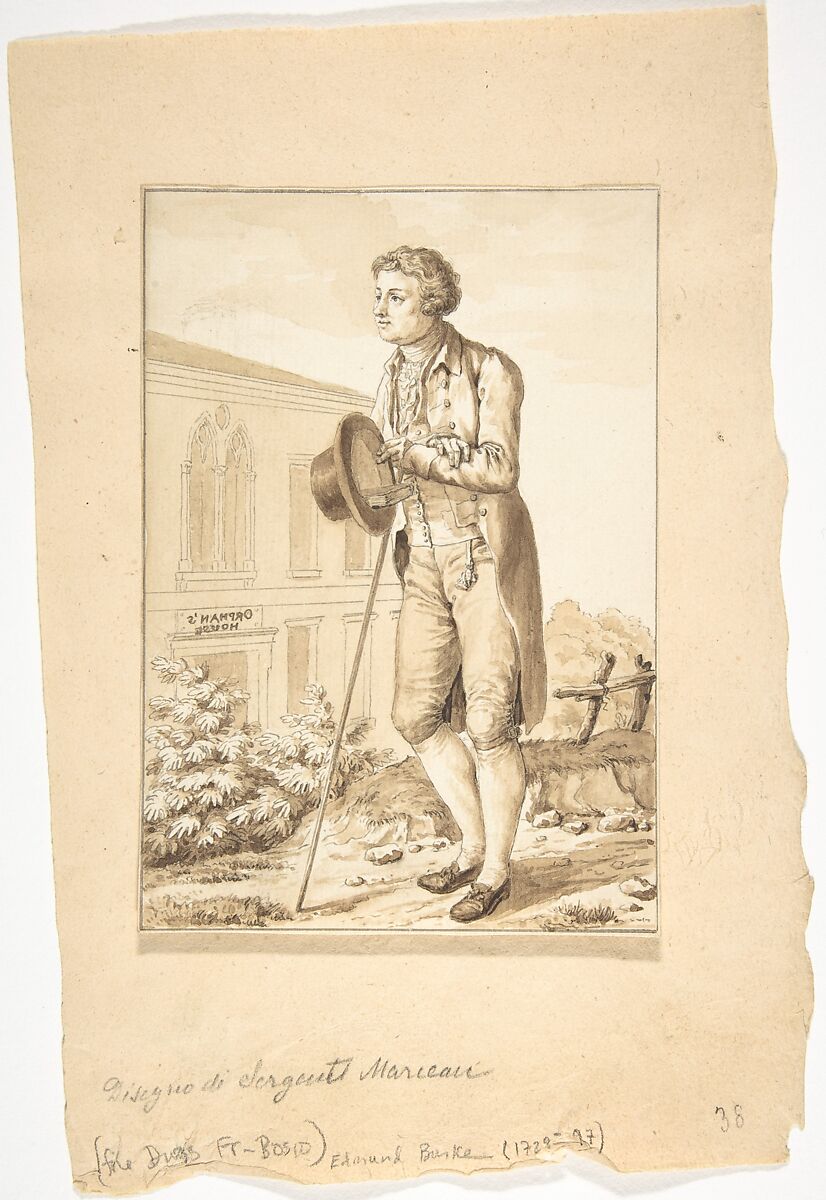 Portrait of Edmond Burke, Antoine Louis François Sergent Marceau (French, Chartres 1751–1847 Nice), Pen and gray ink with brush and brown washes 