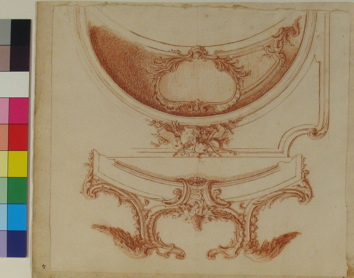 Preparatory Studies for Plates 90 and 91 of "Maisons de plaisance," Volume II, Jacques François Blondel (French, Rouen 1705–1774 Paris), Red chalk over traces of black chalk. Horizontal black-chalk line at center, and round compass marks in black chalk on lower drawing
