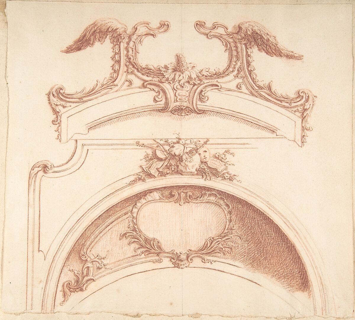 Preparatory Studies for Plates 90 and 91 of "Maisons de plaisance," Volume II, Jacques François Blondel  French, Red chalk over traces of black chalk. Horizontal black-chalk line at center, and round compass marks in black chalk on lower drawing