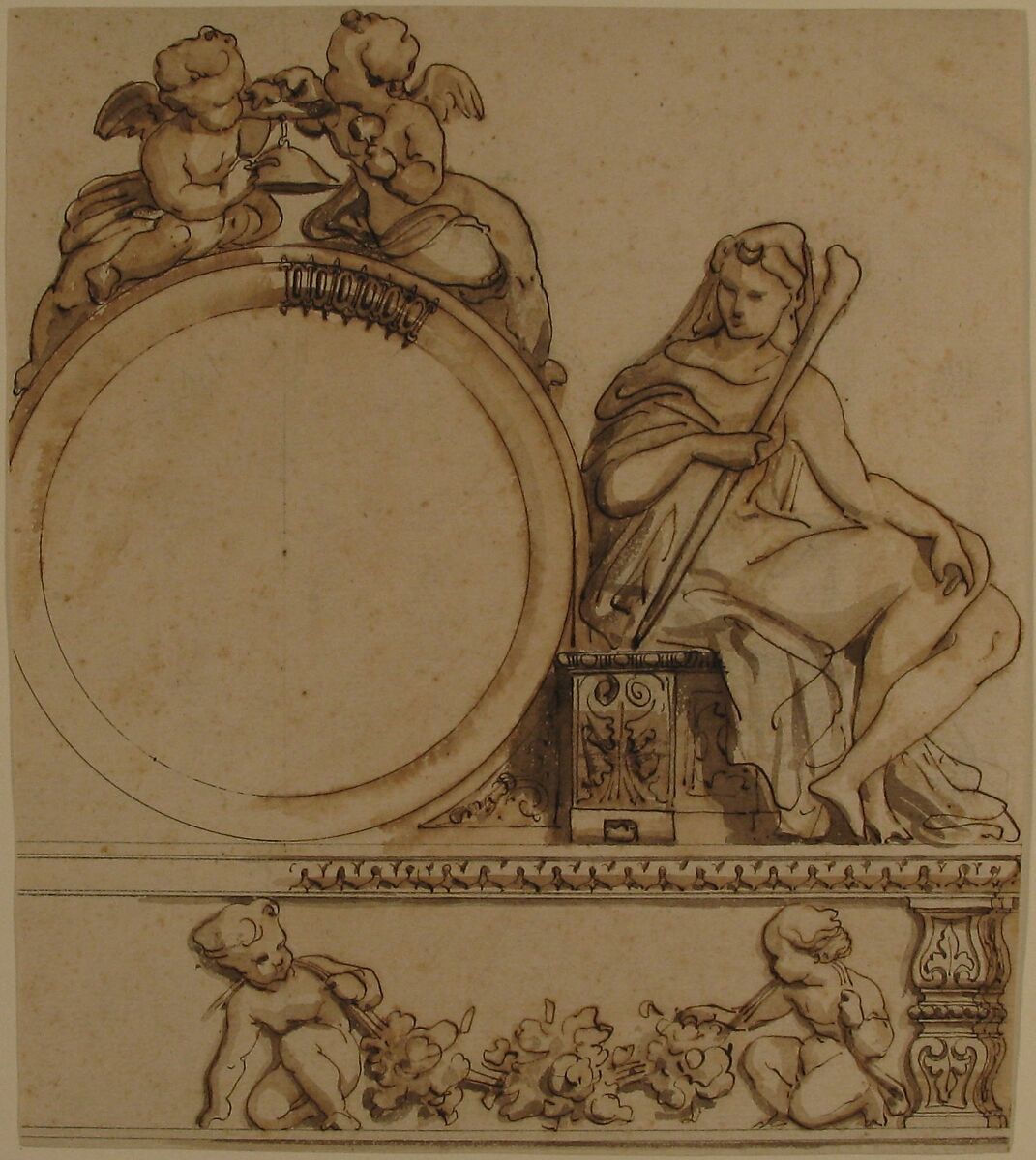 Design for a Clock, Henri-Charles-Antoine Baron (French, Besançon 1816–1885 Geneva), Pen and brown and gray ink, brush and brown wash, with graphite underdrawing