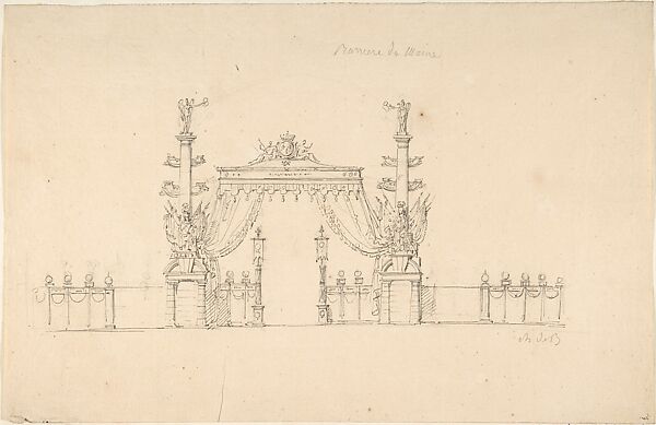 Design for Temporary Festival Pavillion at the Barrier du Maine, Charles de Blonde (French), Pen and black ink, graphite underdrawing 